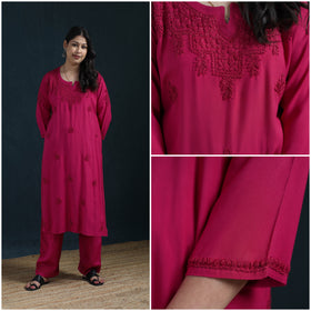 Pink - Hand Embroidered Rayon Chikankari Kurta with Pant Set for Women 03
