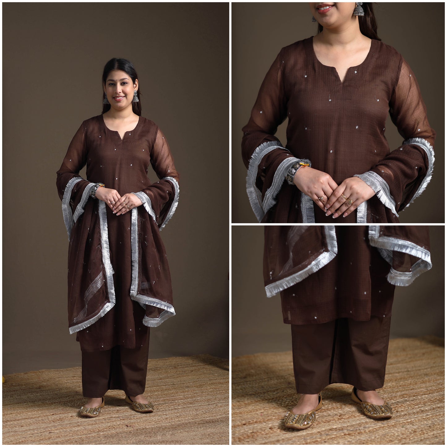 Sequin Work Plain Kota Doria Cotton Suit Set with Lace Work Dupatta for Women 14
