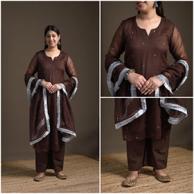 Sequin Work Plain Kota Doria Cotton Suit Set with Lace Work Dupatta for Women 14