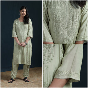 Green - Hand Embroidered Muslin Chikankari Kurta with Pant Set for Women 27