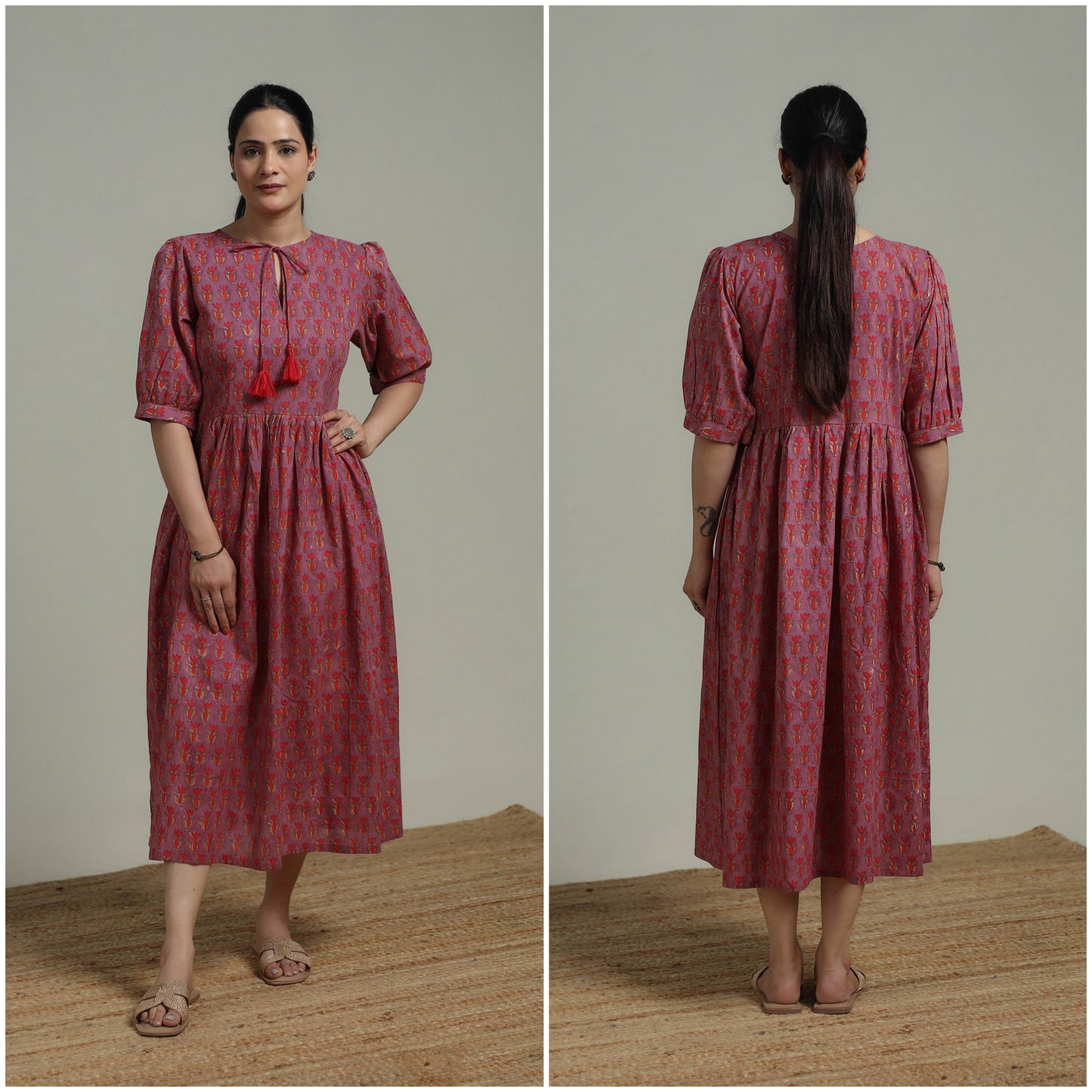 Purple - Sanganeri Hand Block Print Pure Cotton Flared Dress 01
