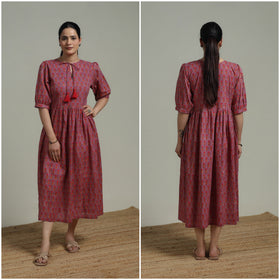 Purple - Sanganeri Hand Block Print Pure Cotton Flared Dress 01
