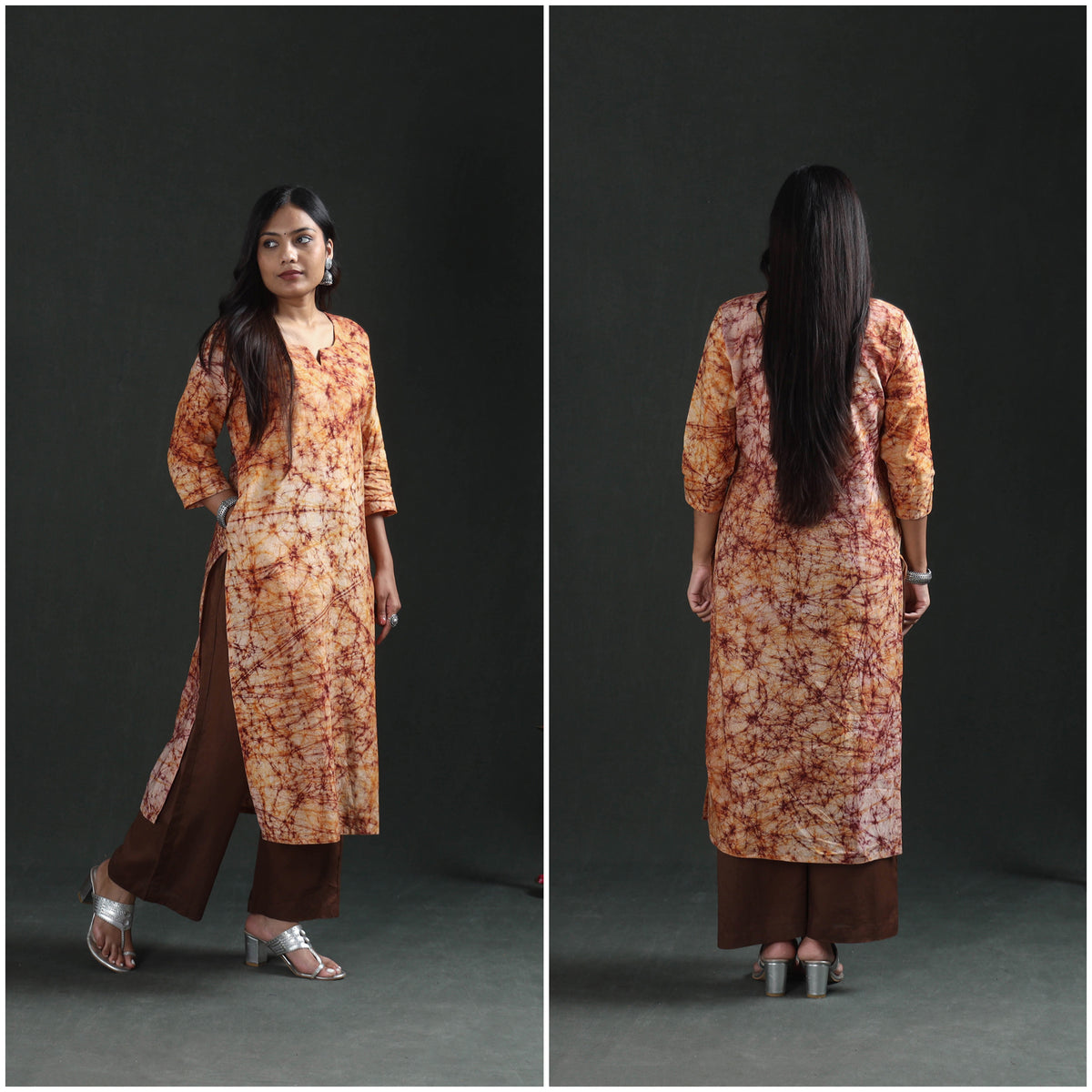 Side and back frames of the peach cream kurta showing the side slit and plain back