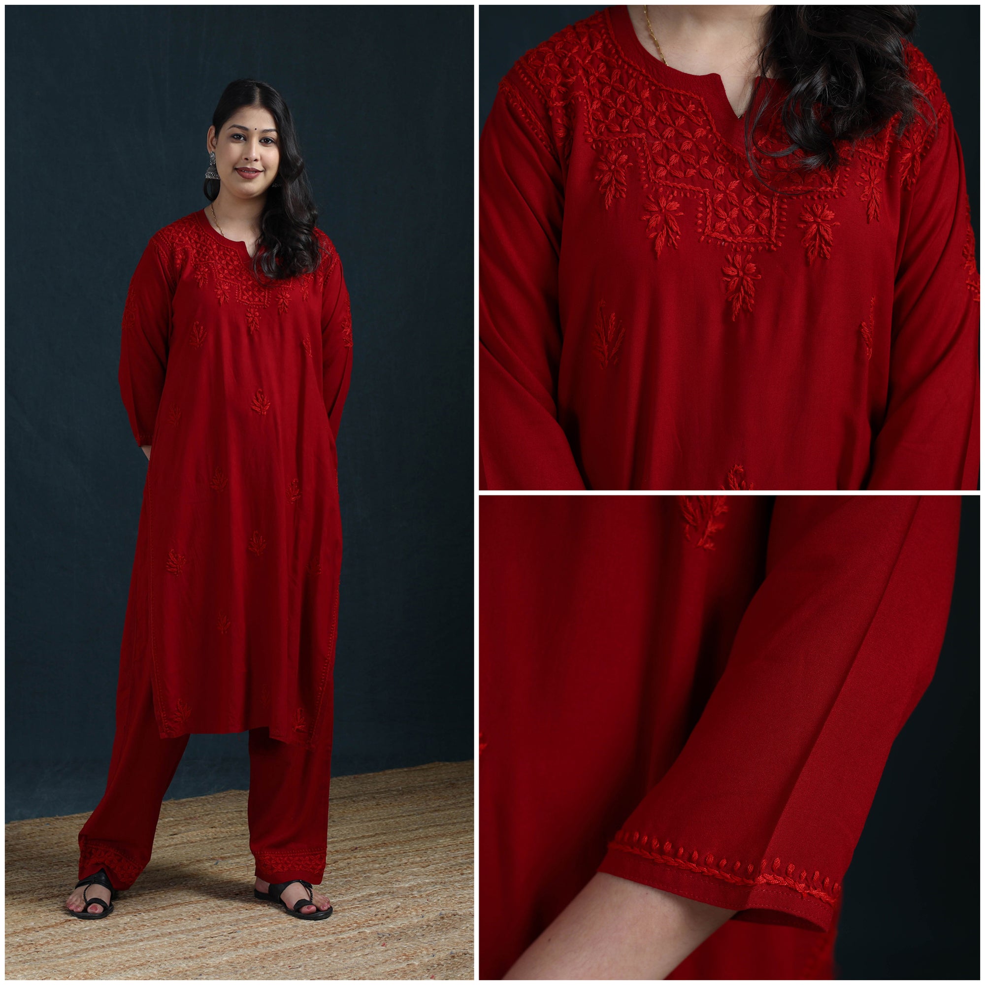 Red - Hand Embroidered Rayon Chikankari Kurta with Pant Set for Women 04