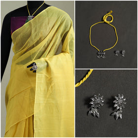 Yellow - Nazaakat Kota Doria Cotton Plain Saree with Blouse & Jewellery Set 51