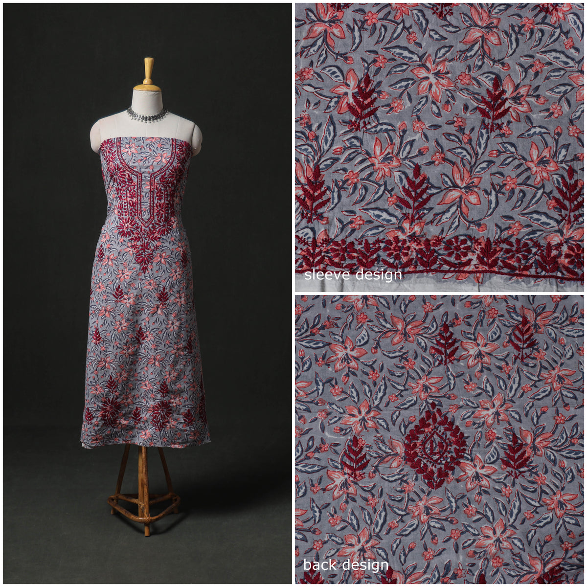 Lucknowi Chikankari Hand Embroidered Cotton Unstitched Kurta Material (2.5M) 31