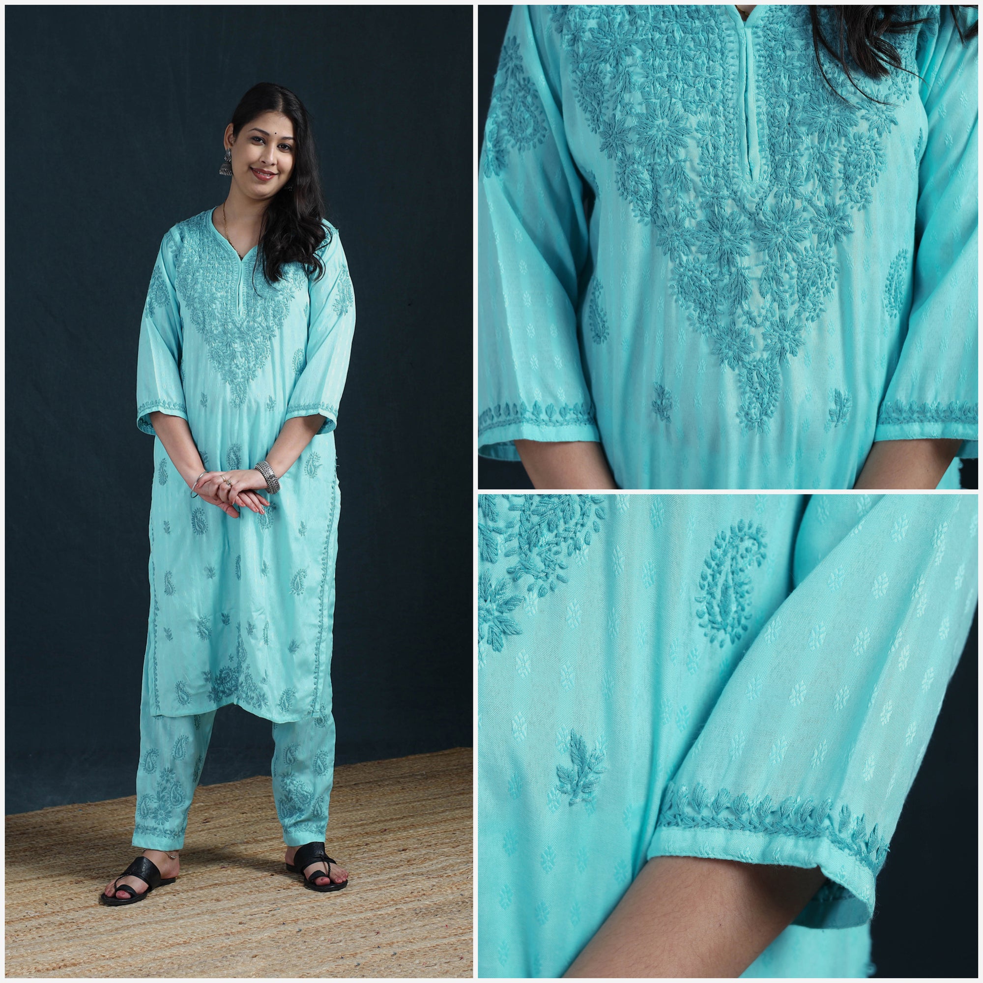 Blue - Hand Embroidered Rayon Cotton Chikankari Kurta with Pant Set for Women 38