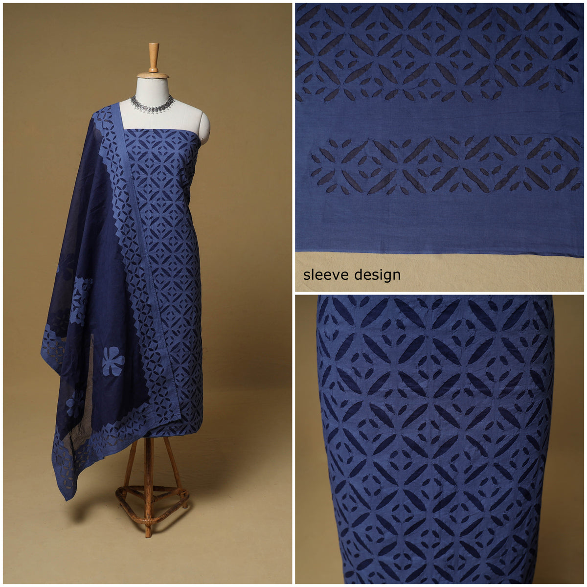 Barmer Applique Cutwork Cotton Unstitched Dress Material: Kurta, Bottom & Dupatta 01