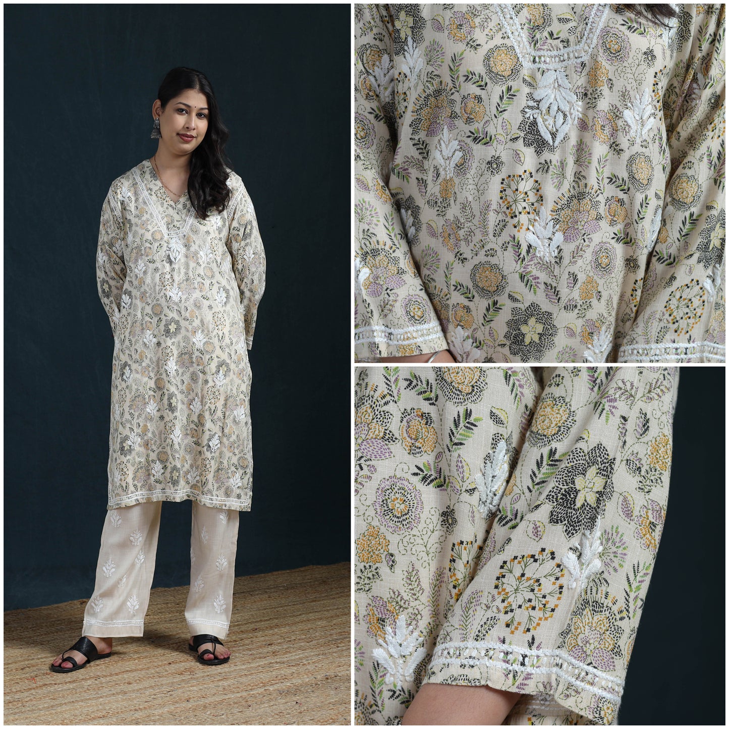 White - Hand Embroidered Printed Cotton Chikankari Kurta with Pant Set for Women 28