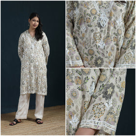 White - Hand Embroidered Printed Cotton Chikankari Kurta with Pant Set for Women 28