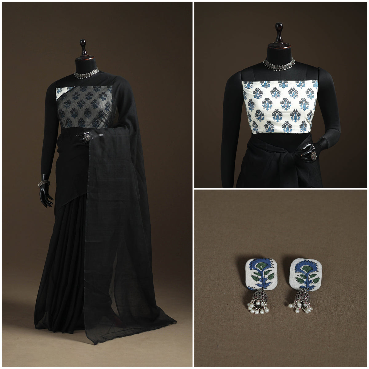 Black - Nazaakat Kota Doria Cotton Plain Saree with Blouse Piece & Earrings 08
