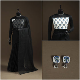 Black - Nazaakat Kota Doria Cotton Plain Saree with Blouse Piece & Earrings 08