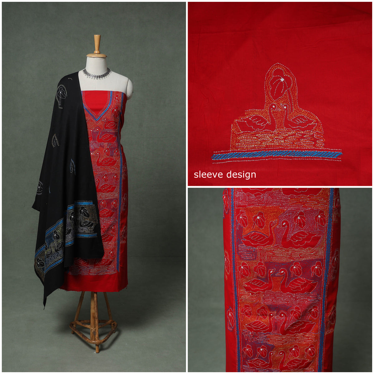 Bengal Kantha Hand Embroidered Cotton Unstitched Dress Material: Kurta, Bottom & Dupatta 08