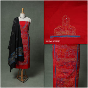 Bengal Kantha Hand Embroidered Cotton Unstitched Dress Material: Kurta, Bottom & Dupatta 08