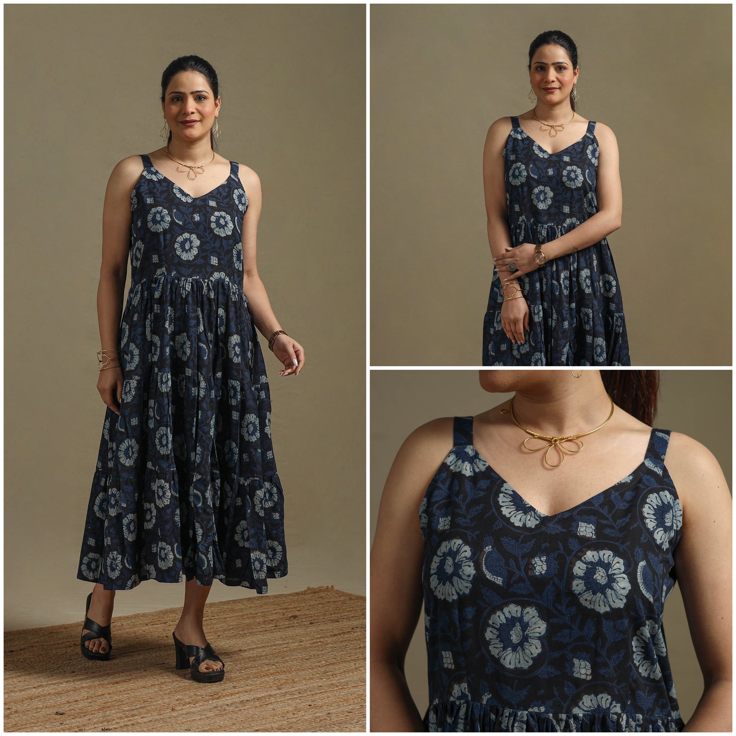 Hand Block Print Natural Dyed Cotton Tiered Bagru Dress 09