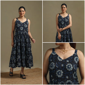 Hand Block Print Natural Dyed Cotton Tiered Bagru Dress 09