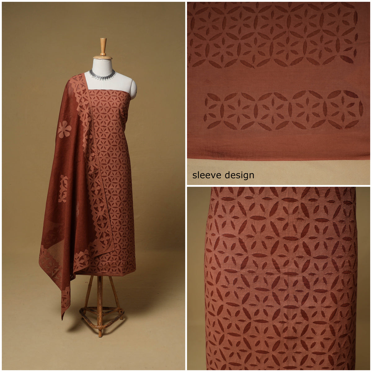 Barmer Applique Cutwork Cotton Unstitched Dress Material: Kurta, Bottom & Dupatta 12