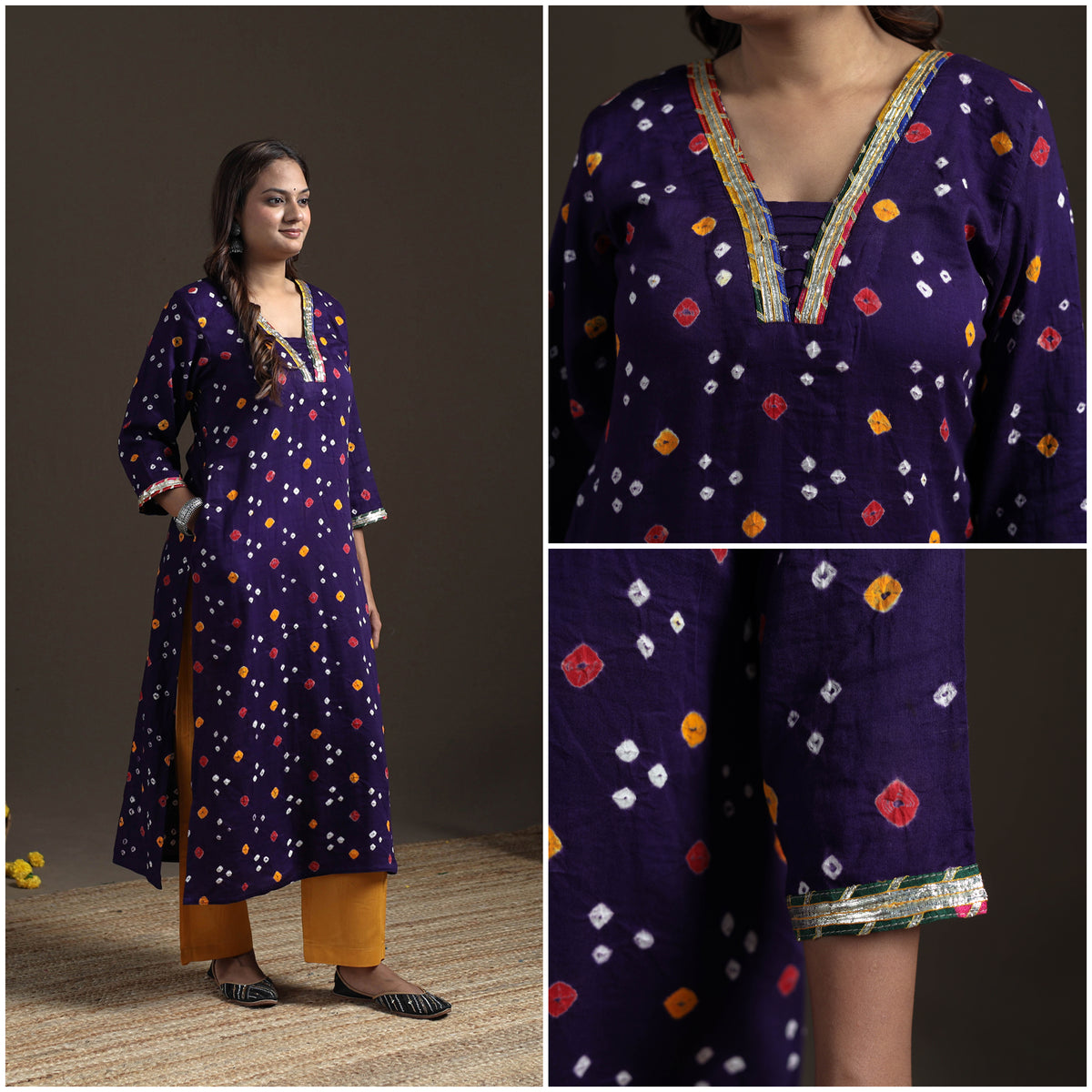 Gota Work Bandhani Tie-Dye Cotton Straight Long Kurta for Women 17
