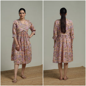 Beige - Sanganeri Hand Block Print Pure Cotton Angrakha Flared Dress 14