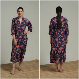 Purple - Sanganeri Hand Block Print Pure Cotton Tiered Dress 17