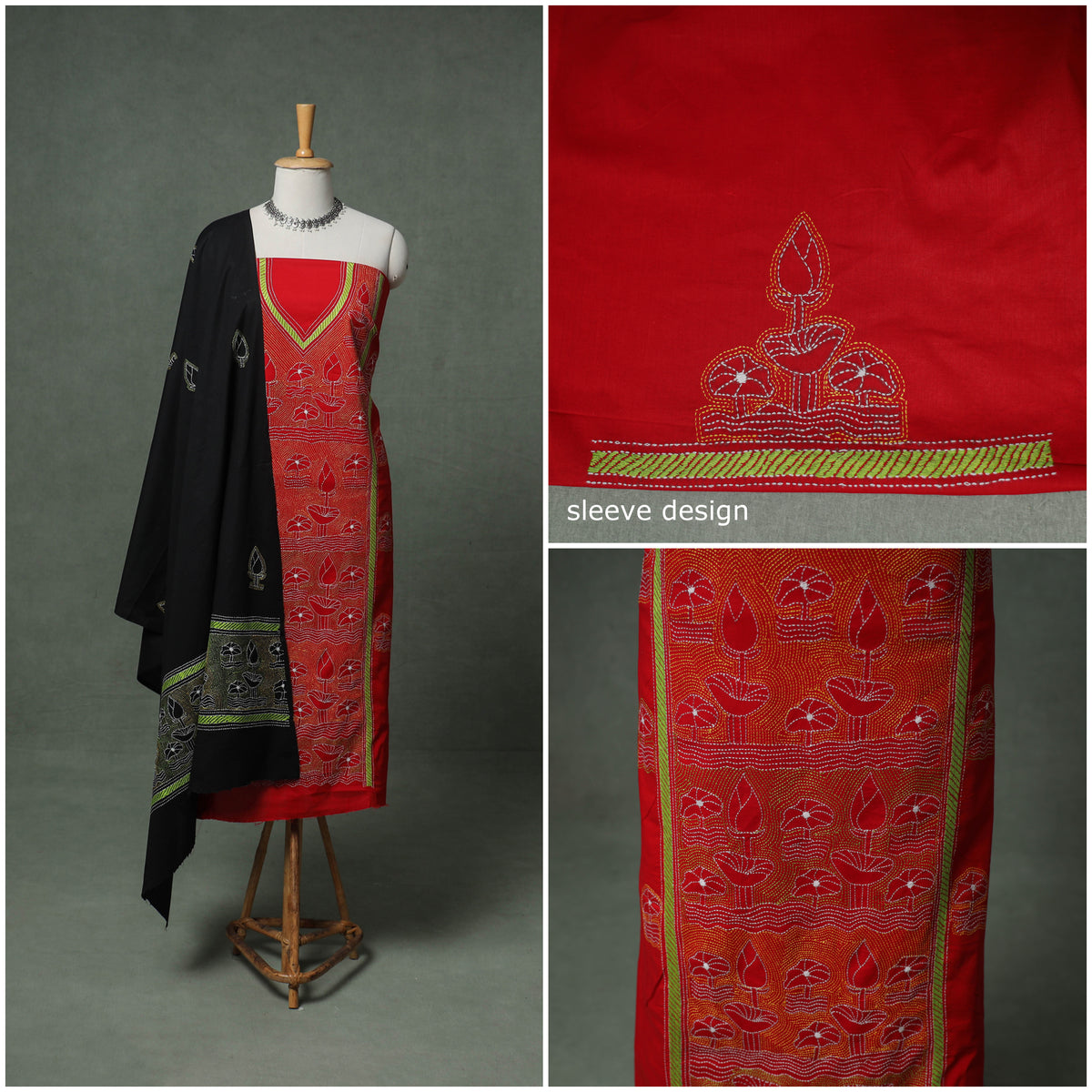 Bengal Kantha Hand Embroidered Cotton Unstitched Dress Material: Kurta, Bottom & Dupatta 04