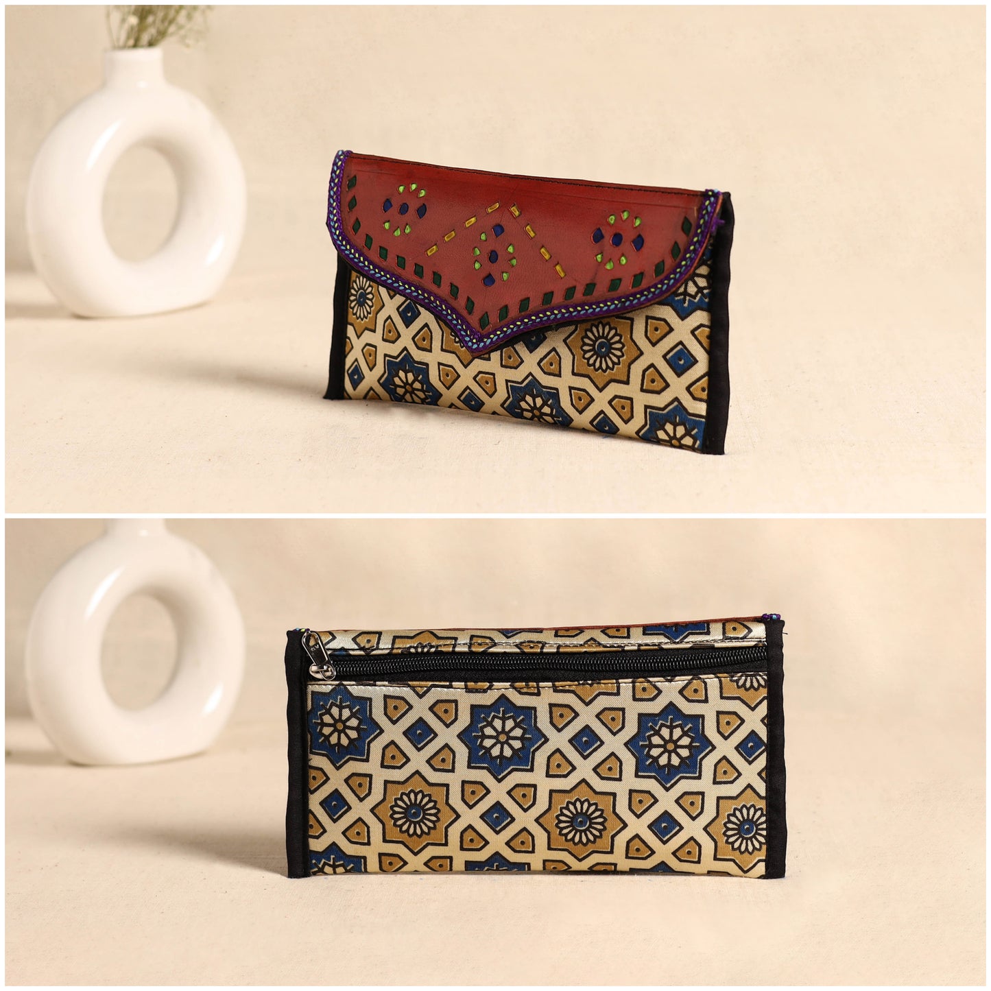 Traditional Kutch Mashru Silk Leather Flap Clutch / Wallet 100