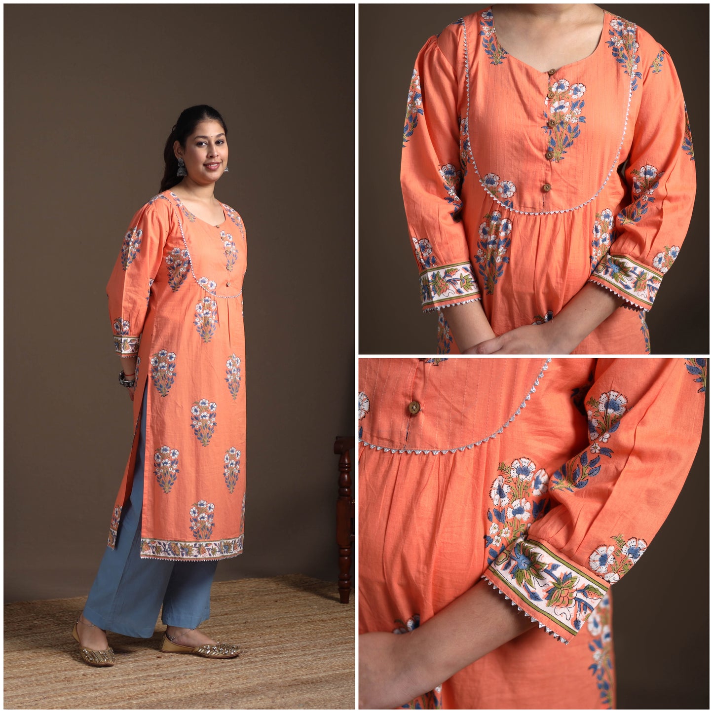 Gota Work Floral Sanganeri Block Print Cotton Straight Long Kurta for Women 06