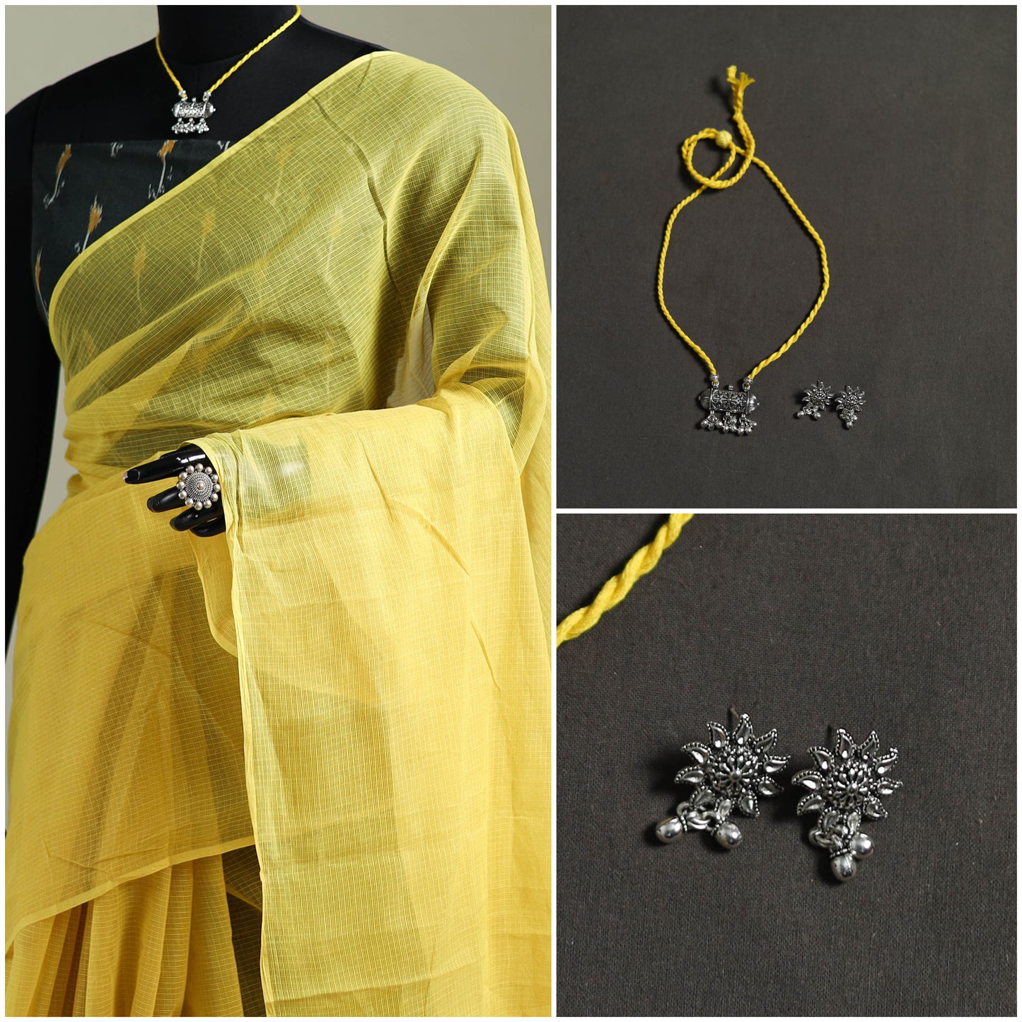 Yellow - Nazaakat Kota Doria Cotton Plain Saree with Blouse & Jewellery Set 58