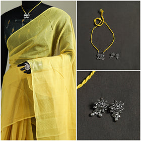 Yellow - Nazaakat Kota Doria Cotton Plain Saree with Blouse & Jewellery Set 58