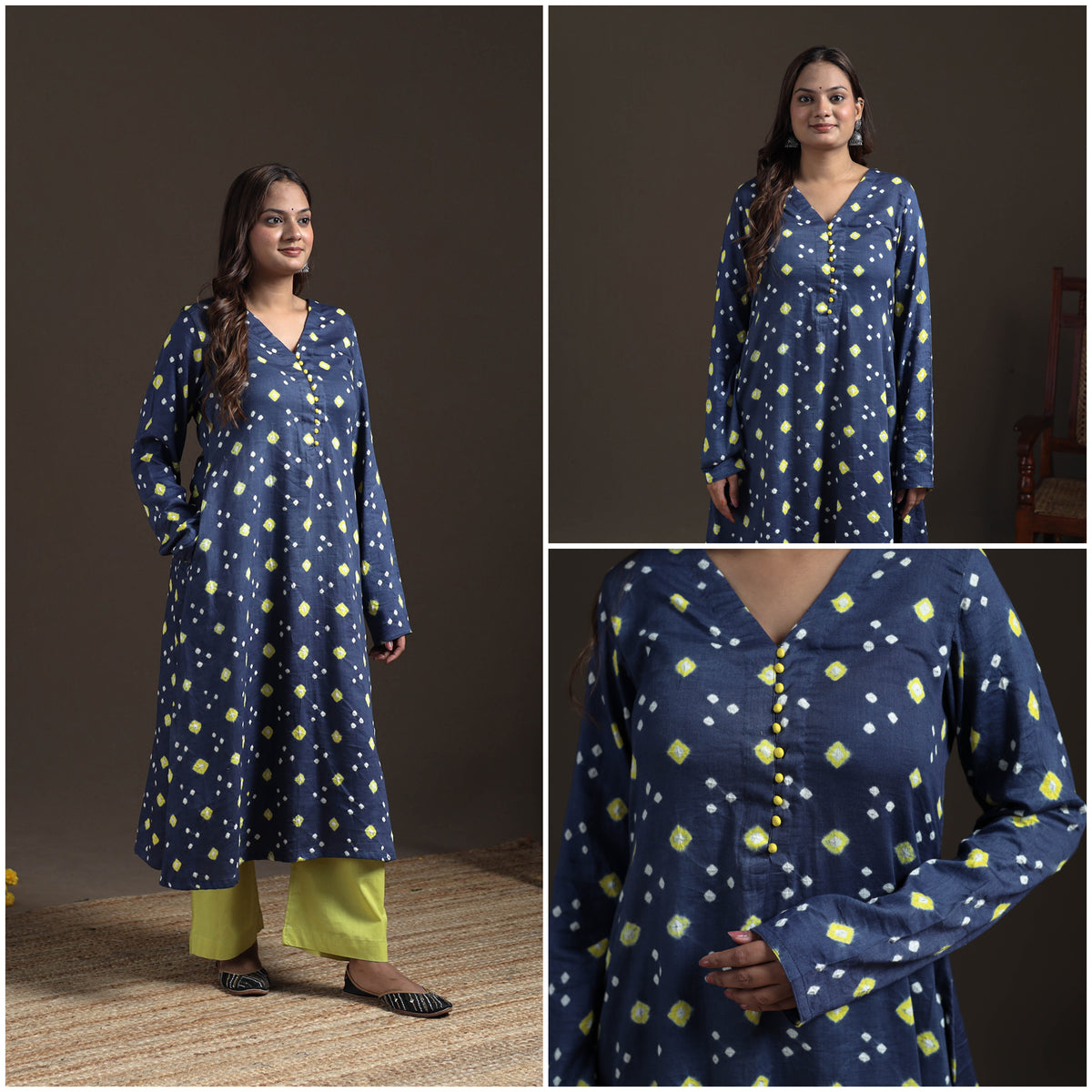 Bandhani Tie-Dye Cotton A-Line Long Kurta for Women 05