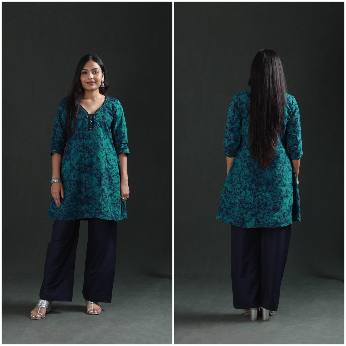 Blue - sequin work hand batik print cotton short kurta