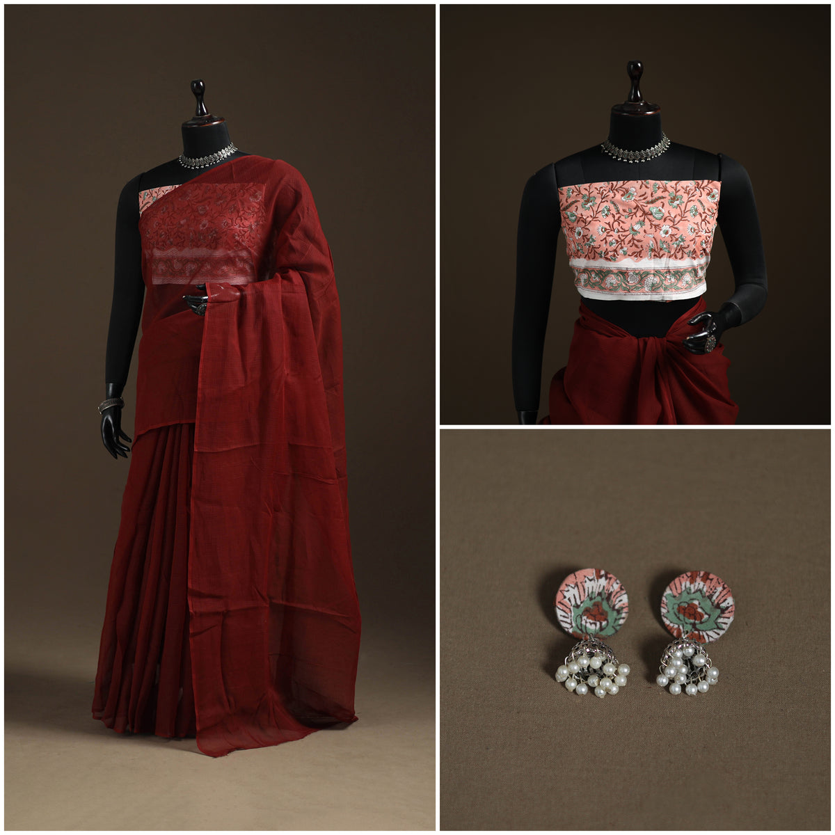 Maroon - Nazaakat Kota Doria Cotton Plain Saree with Blouse Piece & Earrings 05