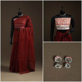 Maroon - Nazaakat Kota Doria Cotton Plain Saree with Blouse Piece & Earrings 05