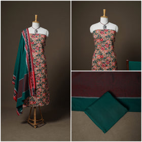 Sanganeri Block Print Cotton Unstitched Dress Material: Kurta, Bottom & Dupatta with Jewellery 35