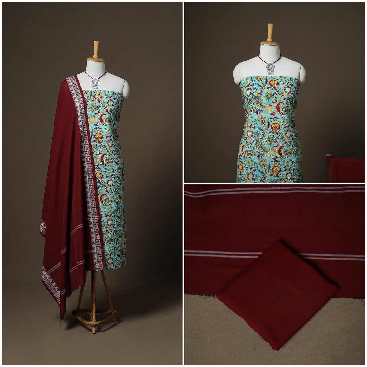 Sanganeri Block Print Cotton Unstitched Dress Material: Kurta, Bottom & Dupatta with Jewellery 39