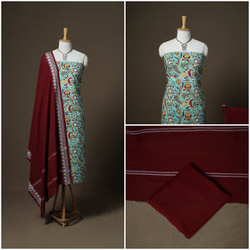 Sanganeri Block Print Cotton Unstitched Dress Material: Kurta, Bottom & Dupatta with Jewellery 39