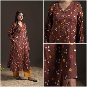 Brown - Bandhani Tie-Dye Cotton A-Line Long Kurta for Women 03
