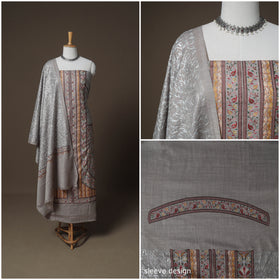 Grey - Woolen Heavy Chain Stitch Embroidered Unstitched Dress Material: Kurta, Bottom & Dupatta 18