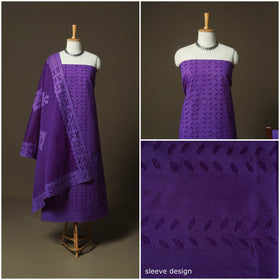 Purple - Barmer Applique Cutwork Cotton 3pc Unstitched Dress Material Suit Set 06