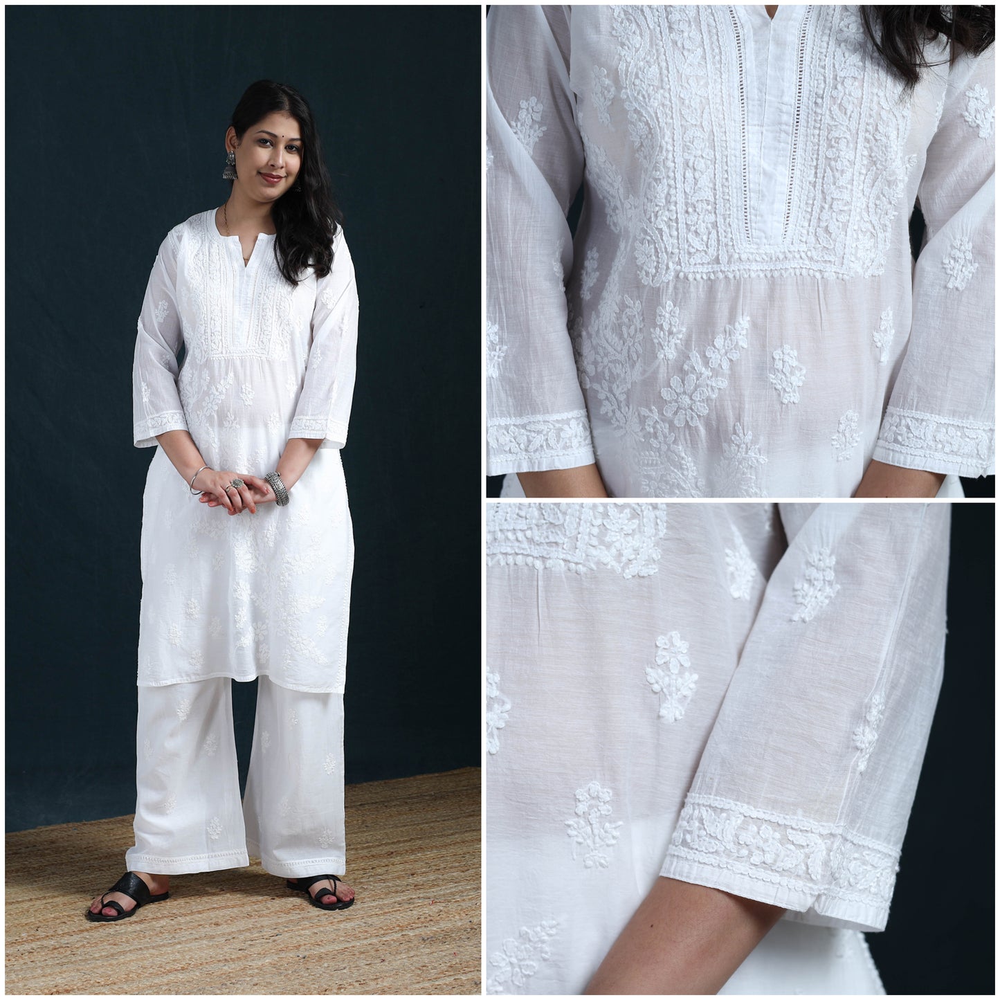 White - Hand Embroidered Mul Chanderi Chikankari Kurta with Palazzo Set for Women 22