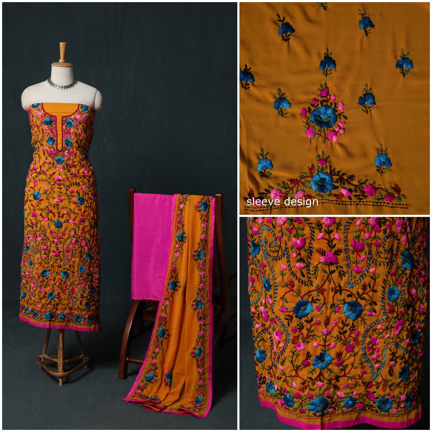 Hand Embroidered Georgette 3pc Unstitched Dress Material Suit Set 16
