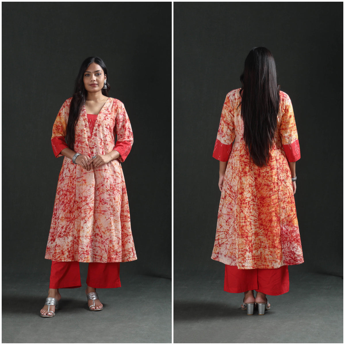 Front and back full-length views of the cream batik kurta in a two-frame collage