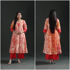 Front and back full-length views of the cream batik kurta in a two-frame collage