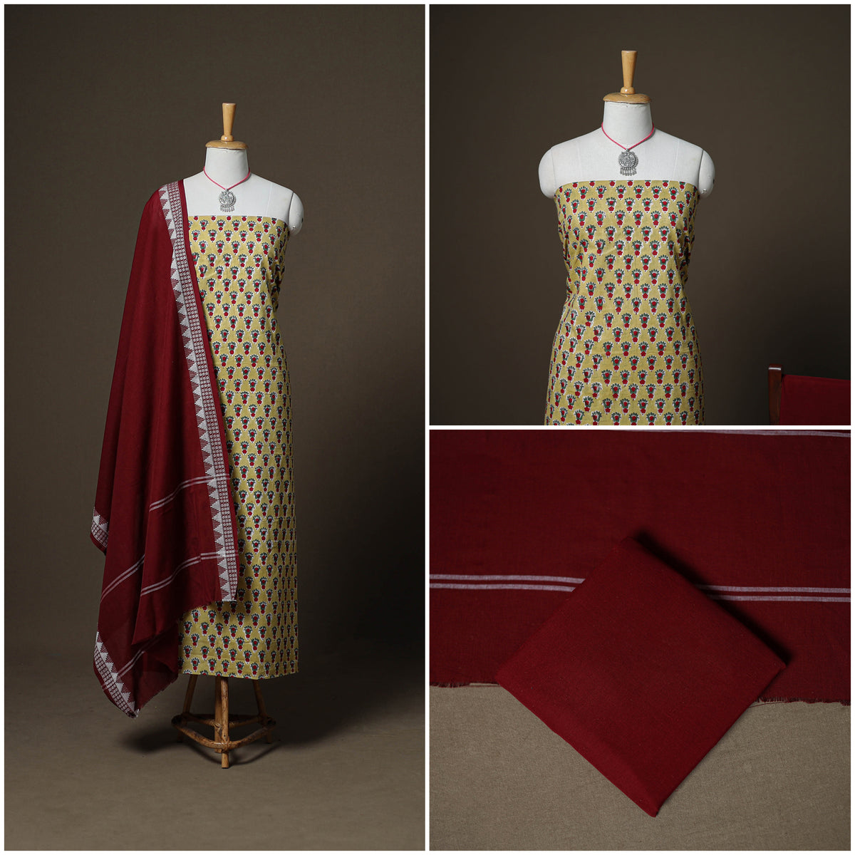 Sanganeri Block Print Cotton Unstitched Dress Material: Kurta, Bottom & Dupatta with Jewellery 62