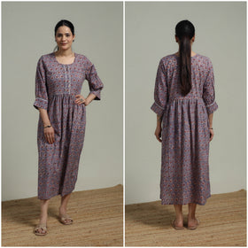Purple - Sanganeri Hand Block Print Pure Cotton Flared Dress 07