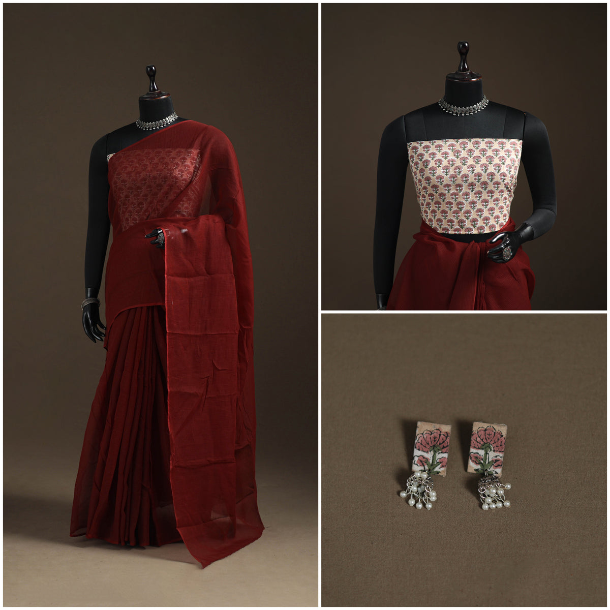 Maroon - Nazaakat Kota Doria Cotton Plain Saree with Blouse Piece & Earrings 13