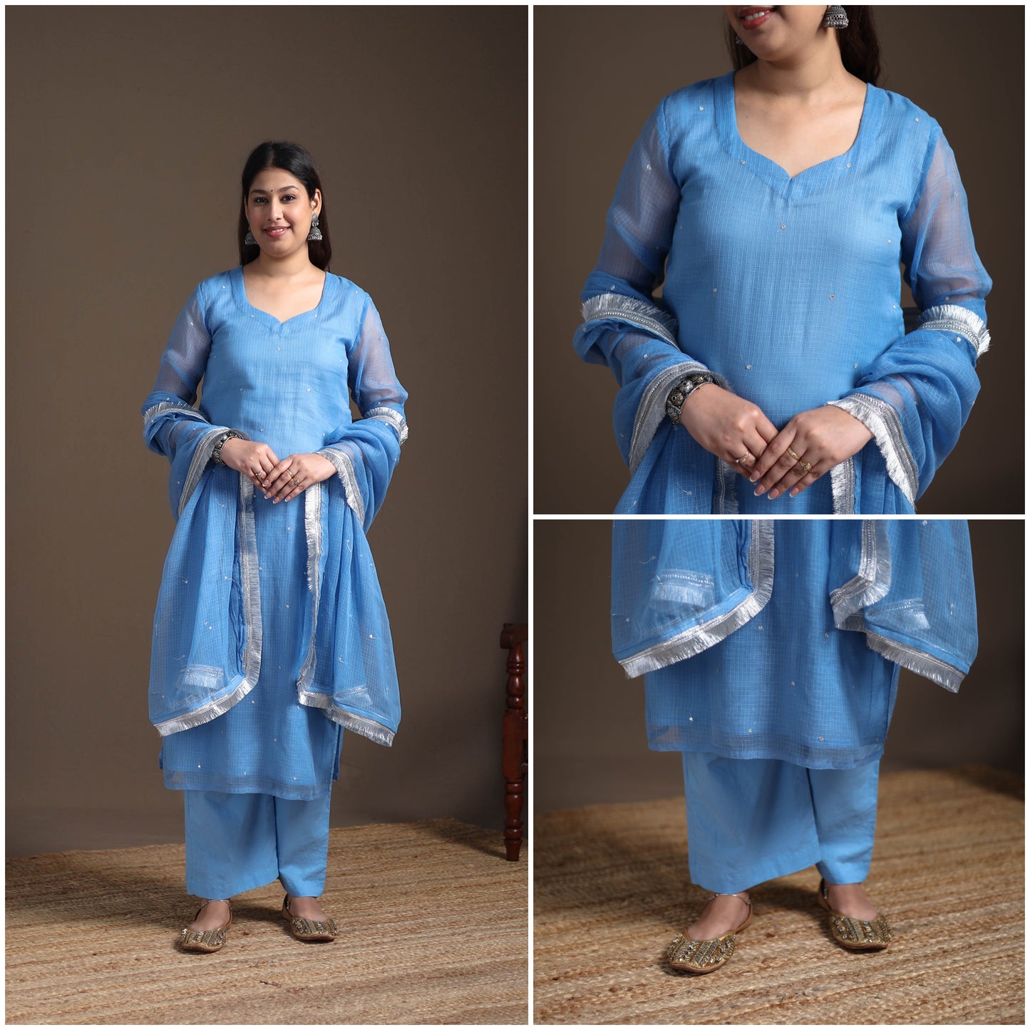 Sequin Work Plain Kota Doria Cotton Suit Set with Lace Work Dupatta for Women 04