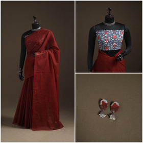 Maroon - Nazaakat Kota Doria Cotton Plain Saree with Blouse Piece & Earrings 15