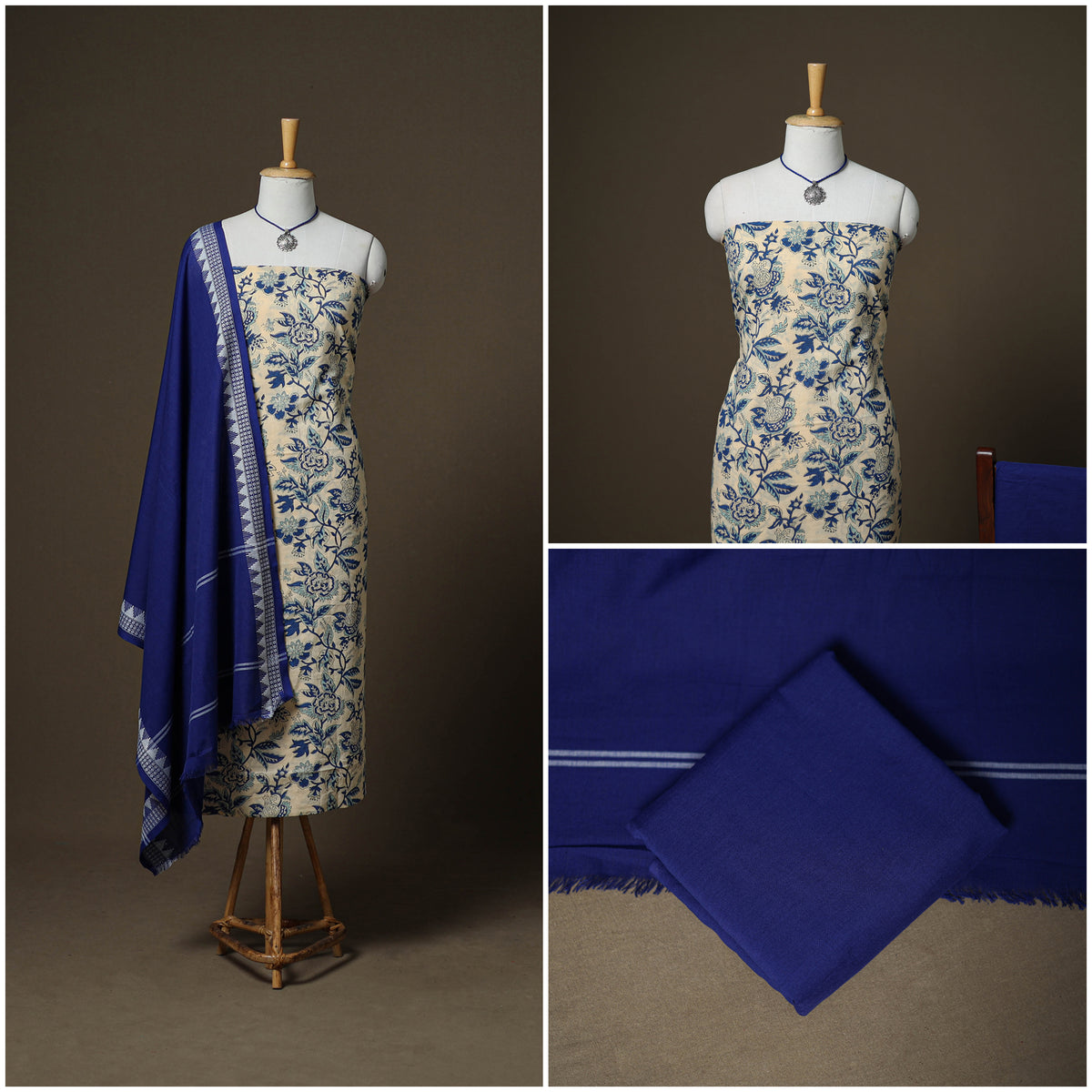 Sanganeri Block Print Cotton Unstitched Dress Material: Kurta, Bottom & Dupatta with Jewellery 33