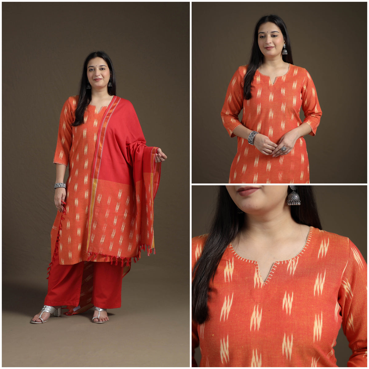 Hand Embroidered Pochampally Ikat Cotton Kurta with Palazzo & Dupatta Suit Set for Women 03